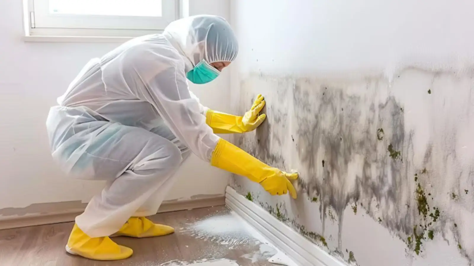 Worker in a protective suit and gloves cleaning mold along a baseboard