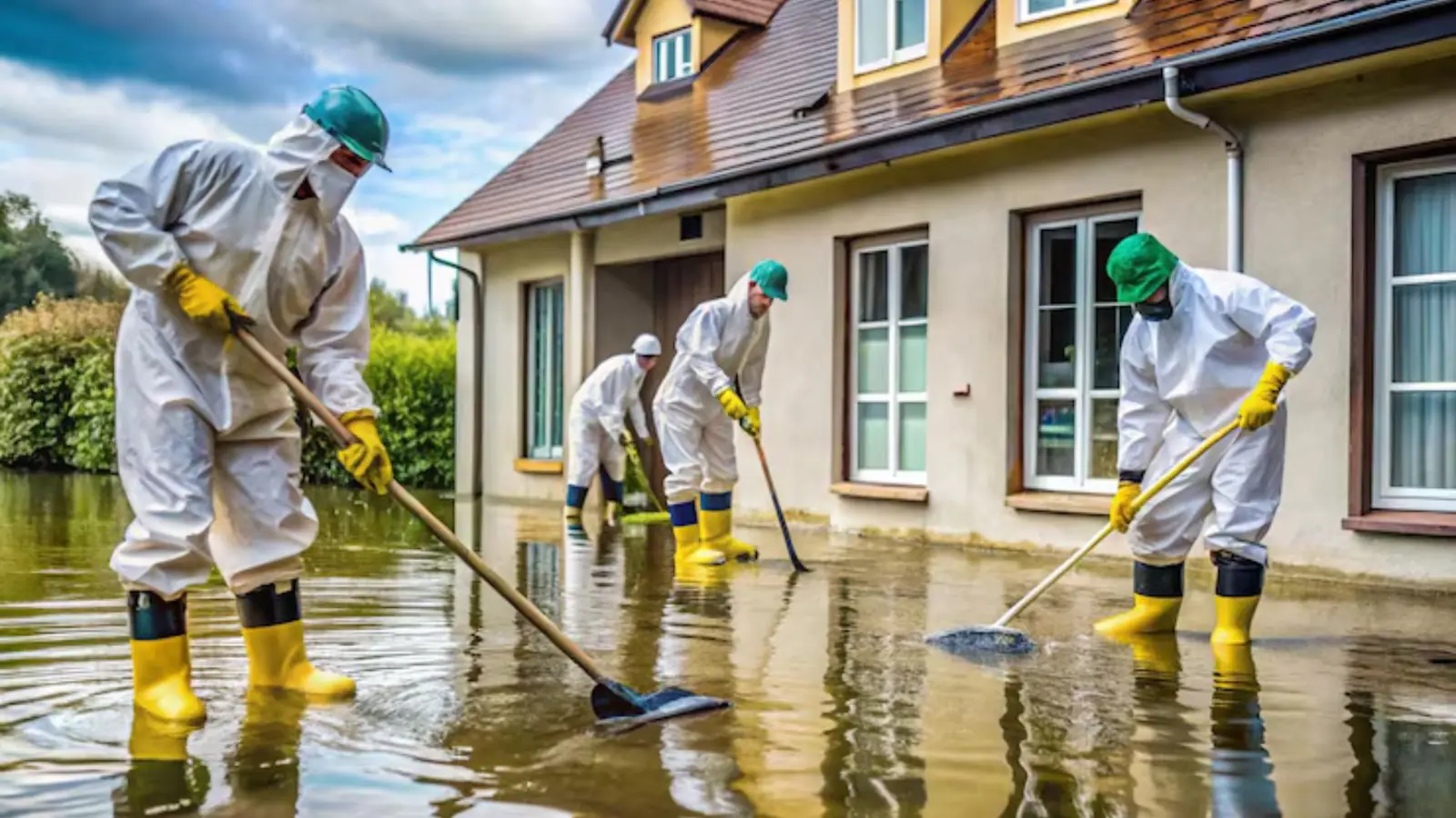 Crew in protective suits and yellow boots cleaning up water outside a flooded house