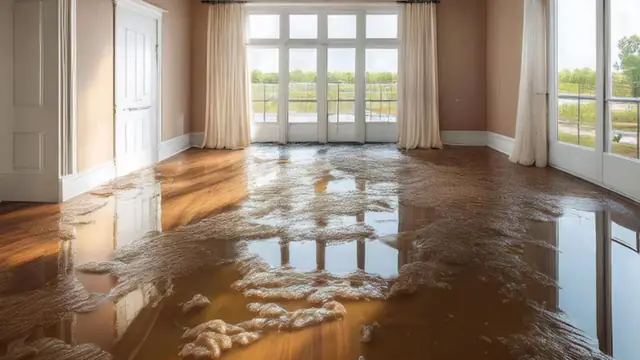 Wet hardwood floor with standing water in a bright room